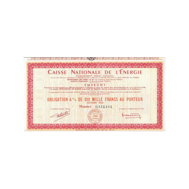 Caisse Nationale de l'Energie - Ets Public National - Regroupement Emprunts 4 % 1954