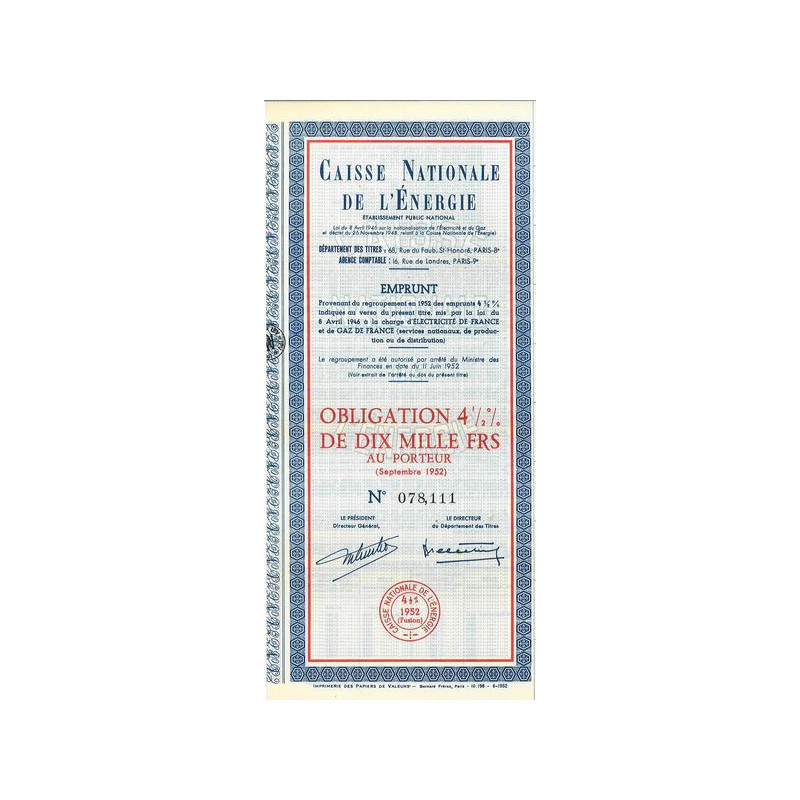 Caisse Nationale de l'Energie - Ets Public National - Regroupement Emprunts 4 1/2 % 1952
