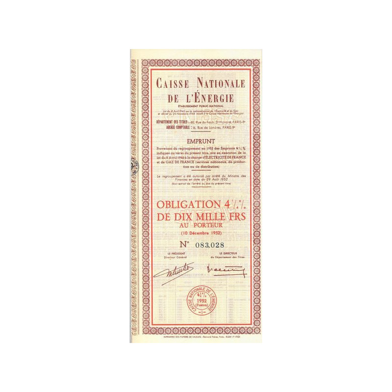 Caisse Nationale de l'Energie - Ets Public National - Regroupement Emprunts 4 1/4 % 1952