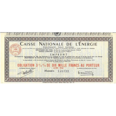 Caisse Nationale de l'Energie - Ets Public National - Regroupement Emprunts 3 3/4 % 1954