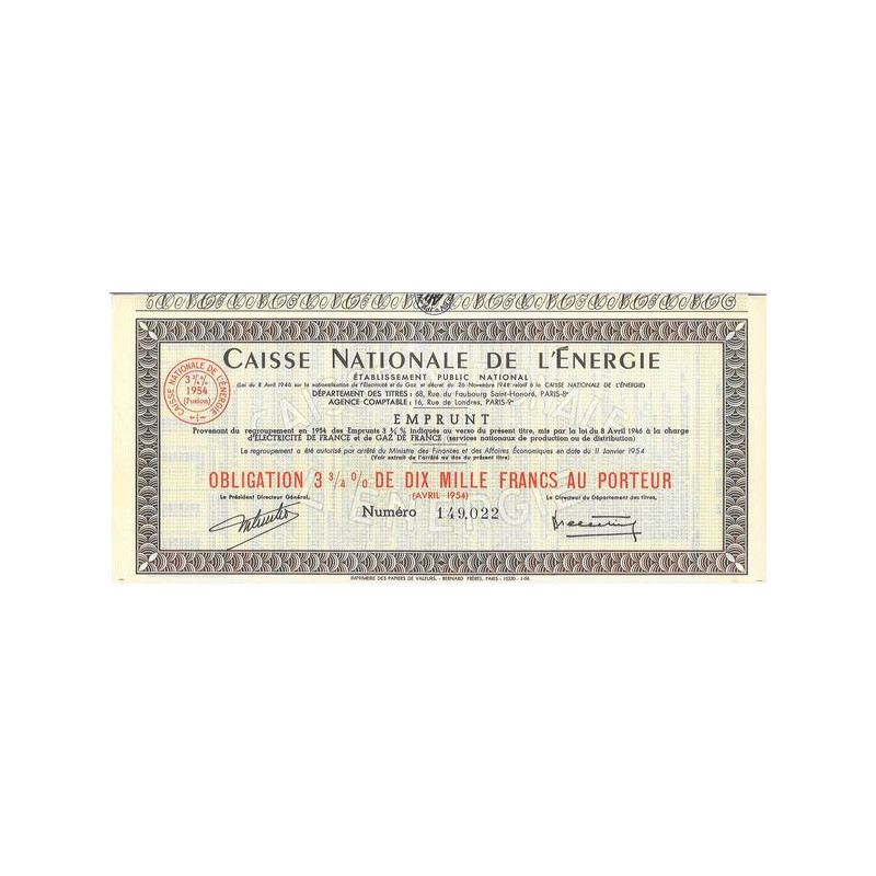 Caisse Nationale de l'Energie - Ets Public National - Regroupement Emprunts 3 3/4 % 1954