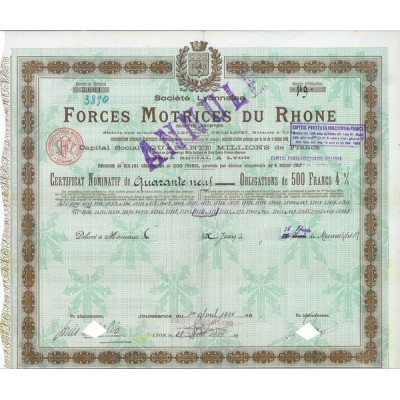 Sté Lyonnaise des Forces Motrices du Rhône (Certif nomin Obl 500 F)