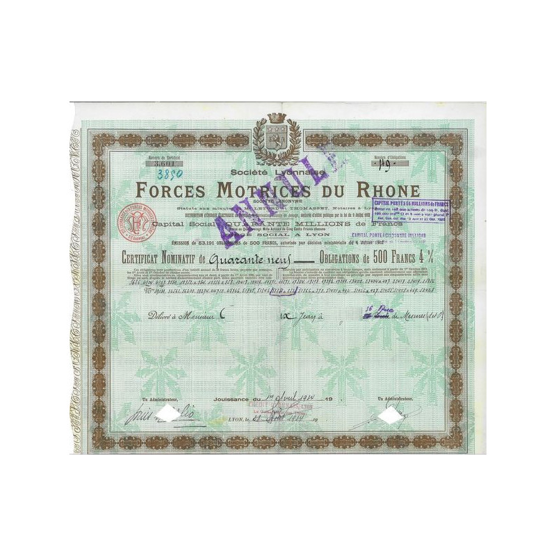 Sté Lyonnaise des Forces Motrices du Rhône (Certif nomin Obl 500 F)