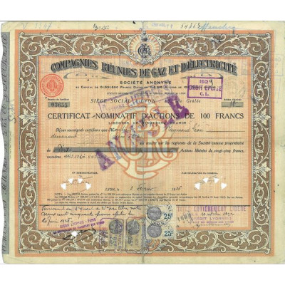Cie Réunies de Gaz et d'Electricité (Certif nomin Act 100 F)