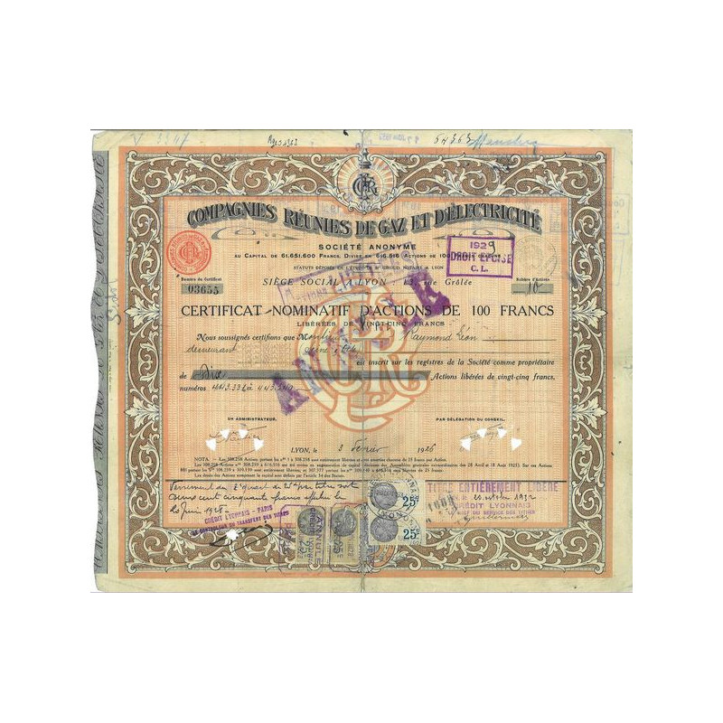 Cie Réunies de Gaz et d'Electricité (Certif nomin Act 100 F)