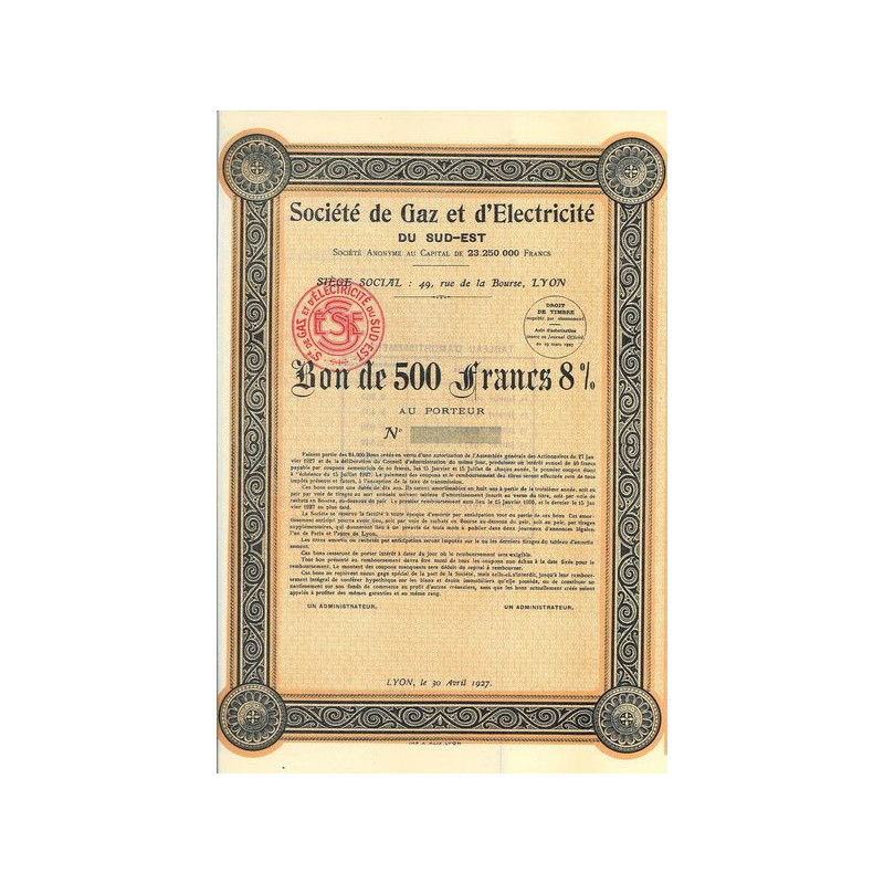 Sté de Gaz et d'Electricité du Sud-Est (Bon)