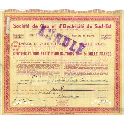 Sté de Gaz et d'Electricité du Sud-Est (Certif Obl 1000 F)
