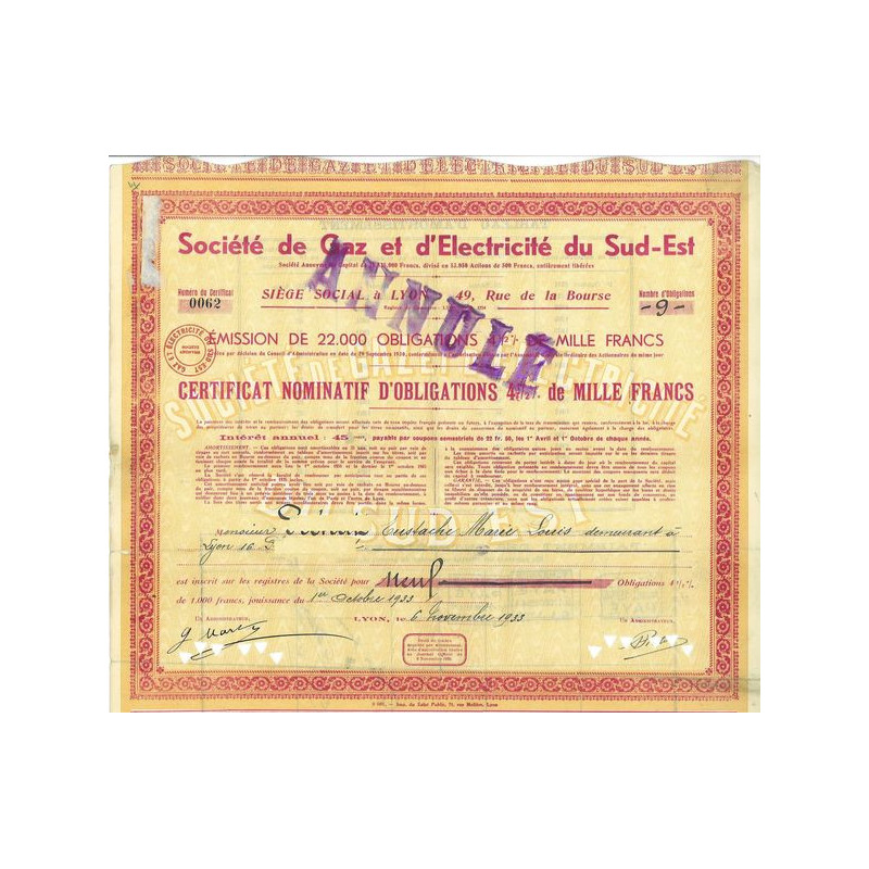 Sté de Gaz et d'Electricité du Sud-Est (Certif Obl 1000 F)