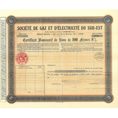 Sté de Gaz et d'Electricité du Sud-Est (Certif Obl 500 F)