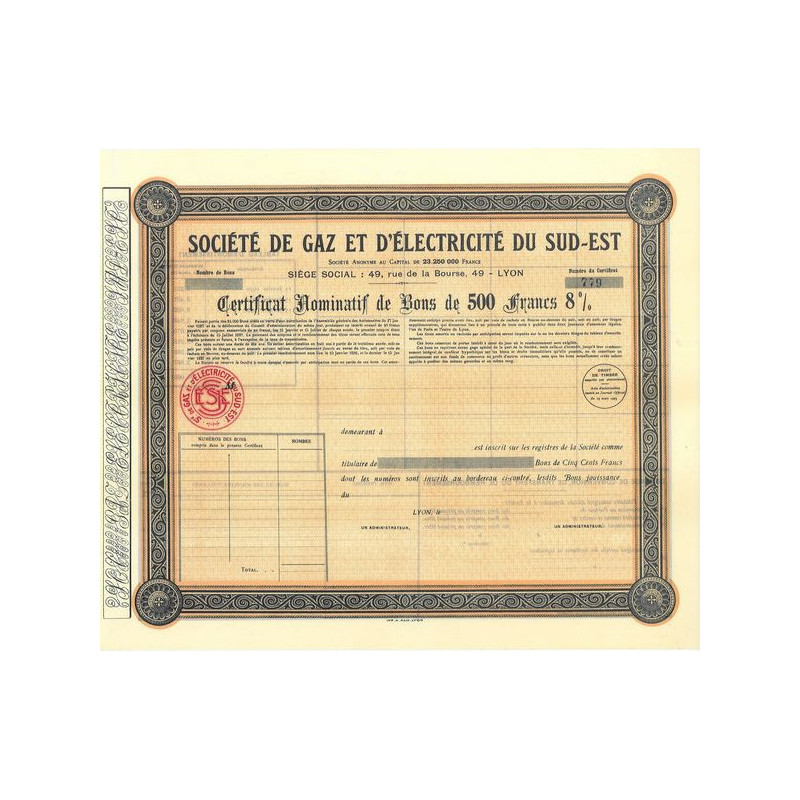 Sté de Gaz et d'Electricité du Sud-Est (Certif Obl 500 F)
