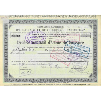 Cie Parisienne d'Eclairage et de Chauffage par le Gaz (Certif Nomin)