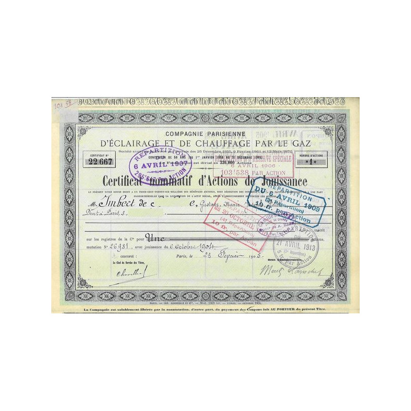 Cie Parisienne d'Eclairage et de Chauffage par le Gaz (Certif Nomin)