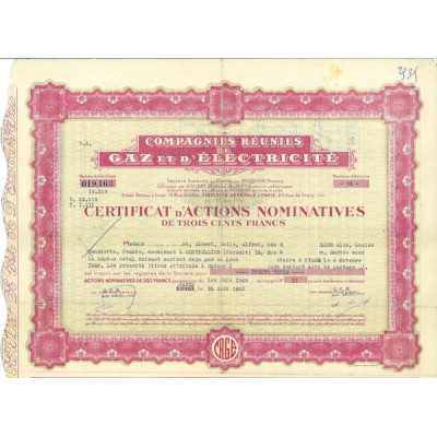 Compagnies Réunies de Gaz & d'Electricité (Certif)