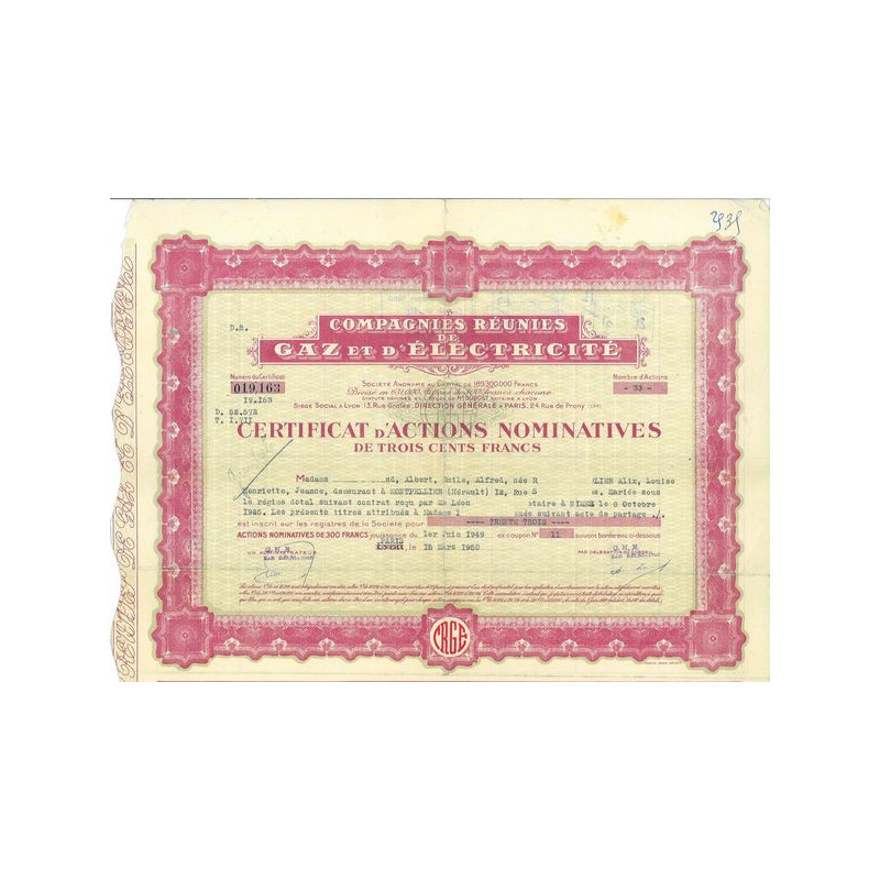 Compagnies Réunies de Gaz & d'Electricité (Certif)