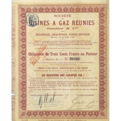 Sté des Usines à Gaz Réunies Gautier & Cie - Eclairage - Chauffage - Force Motrice