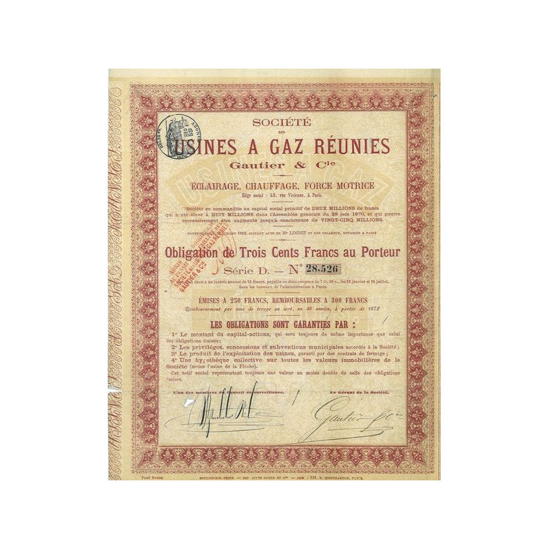 Sté des Usines à Gaz Réunies Gautier & Cie - Eclairage - Chauffage - Force Motrice
