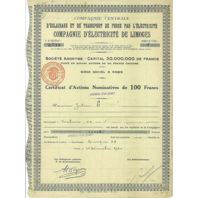 Cie Centrale d'Eclairage et de Transport de Force par l'Electricité - Cie d'Electricité de Limoges