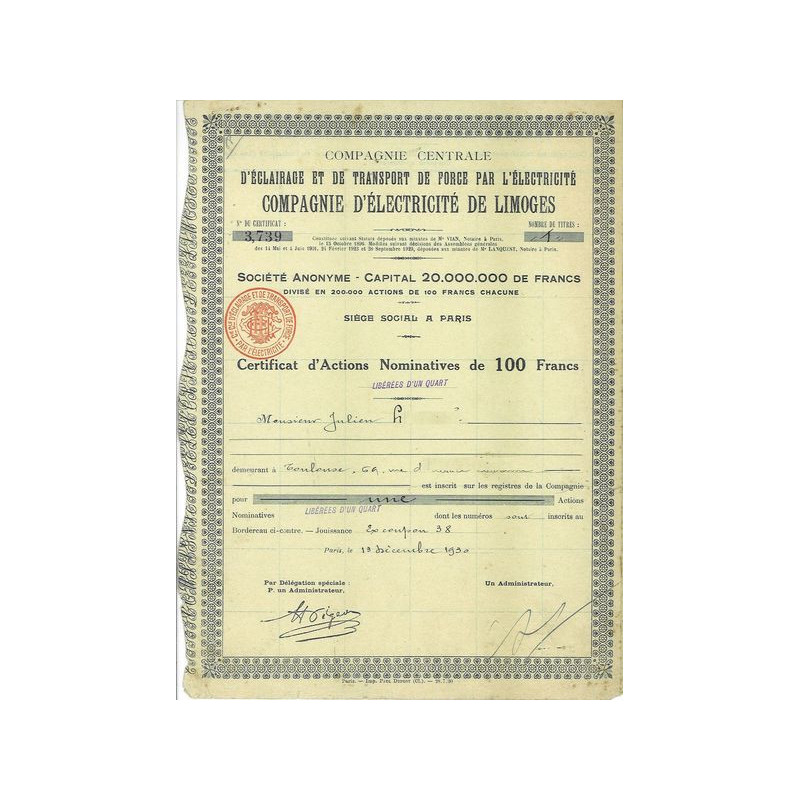 Cie Centrale d'Eclairage et de Transport de Force par l'Electricité - Cie d'Electricité de Limoges