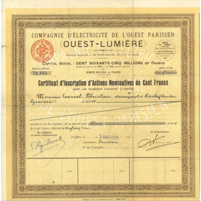 Cie d'electricité de l'Ouest Parisien (Ouest-Lumière)(certif)