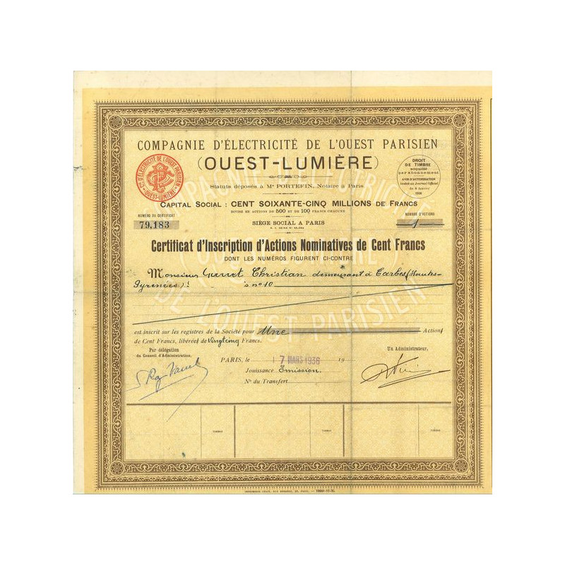 Cie d'electricité de l'Ouest Parisien (Ouest-Lumière)(certif)