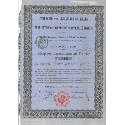 Cie pour l'Eclairage des Villes et la Fabrication des Compteurs et Appareils Divers (Récépissé)