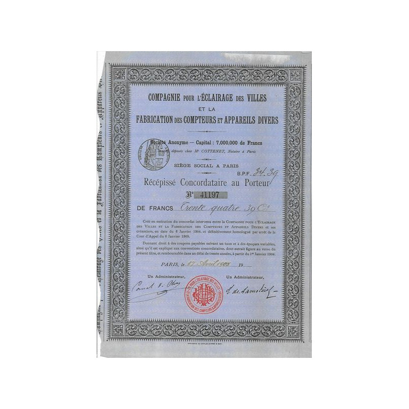 Cie pour l'Eclairage des Villes et la Fabrication des Compteurs et Appareils Divers (Récépissé)