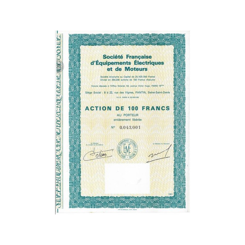 Sté Française d'Equipements Electriques et de Moteurs (Act 100 F)