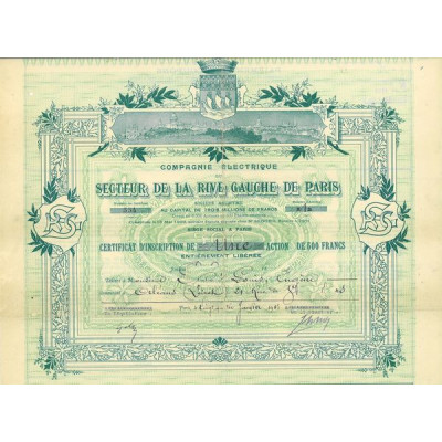 Cie Electrique du Secteur de la Rive Gauche de Paris (Certif)