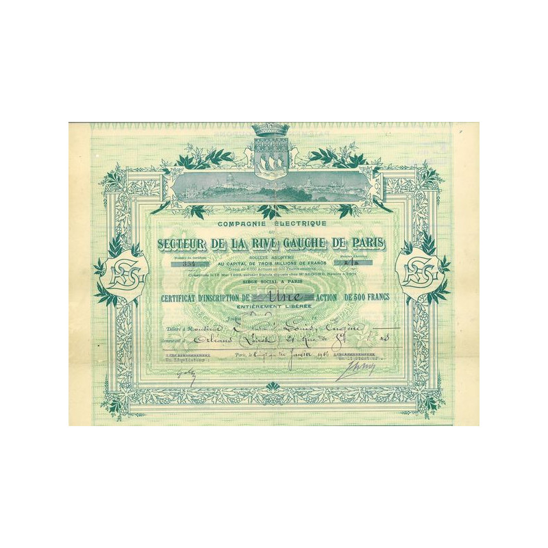 Cie Electrique du Secteur de la Rive Gauche de Paris (Certif)