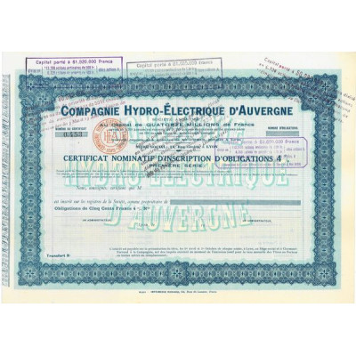 Cie Hydro-Electrique d'Auvergne (Certif 1ère serie)(blanquette)