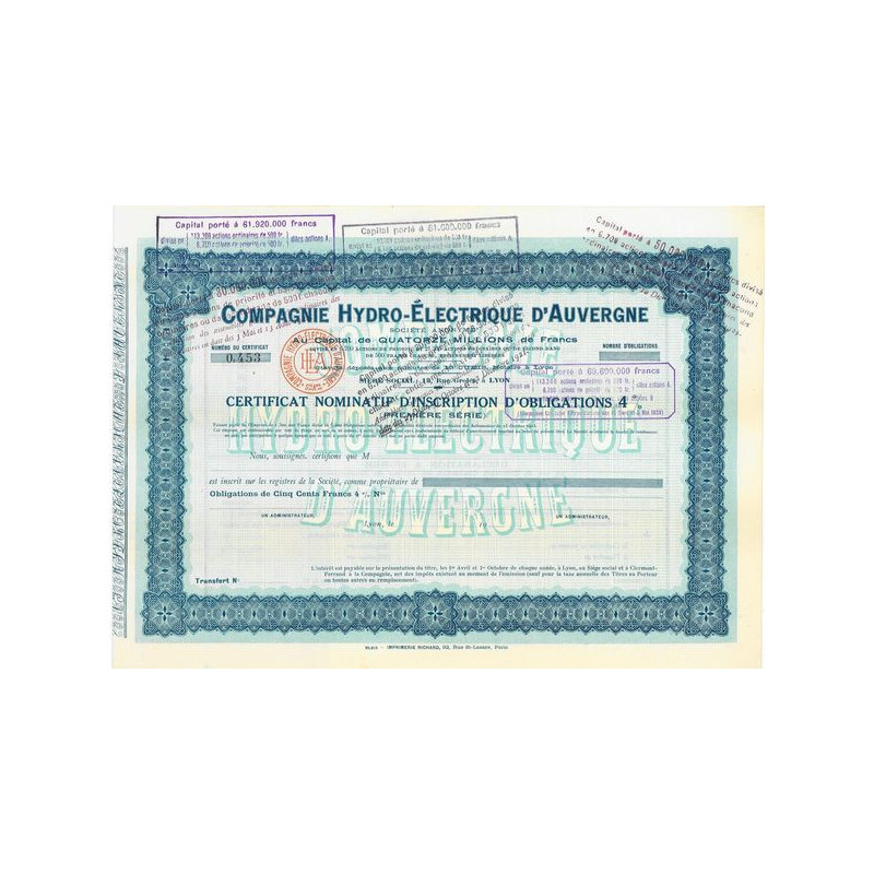 Cie Hydro-Electrique d'Auvergne (Certif 1ère serie)(blanquette)