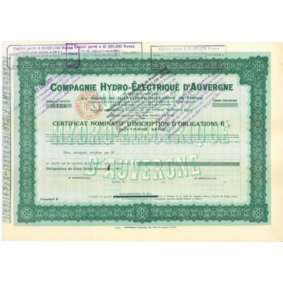 Cie Hydro-Electrique d'Auvergne (Certif 4ème serie)(blanquette)
