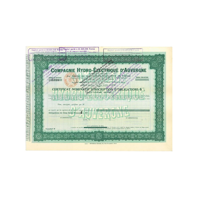 Cie Hydro-Electrique d'Auvergne (Certif 4ème serie)(blanquette)