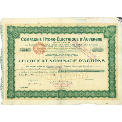 Cie Hydro-Electrique d'Auvergne (Certif)
