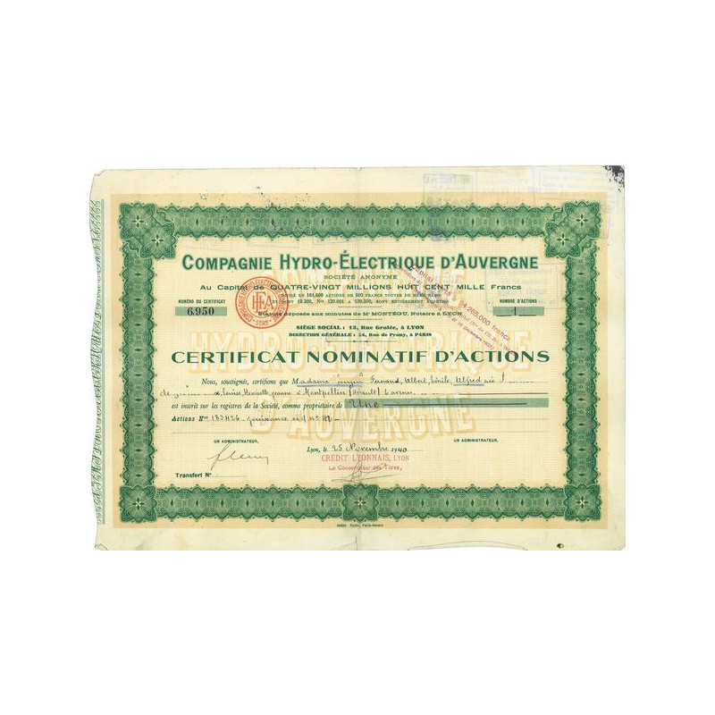 Cie Hydro-Electrique d'Auvergne (Certif)