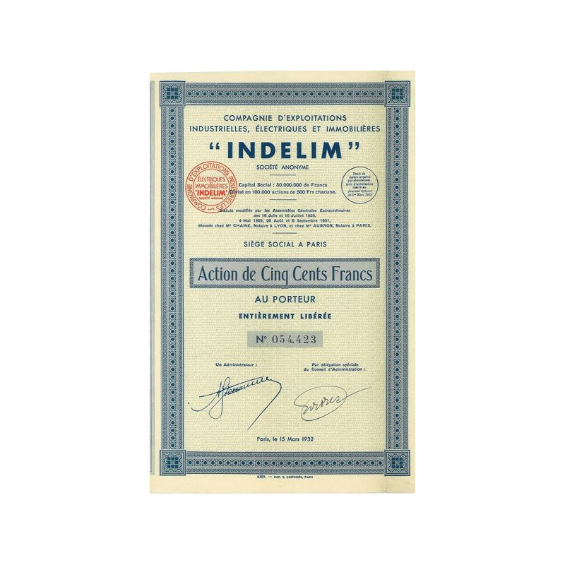 Cie d'Exploitations Industrielles - Electriques et Immobilières "Indelim" (Act 500 f)