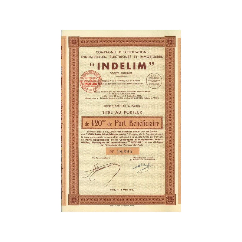 Cie d'Exploitations Industrielles - Electriques et Immobilières "Indelim" (20ème PB)
