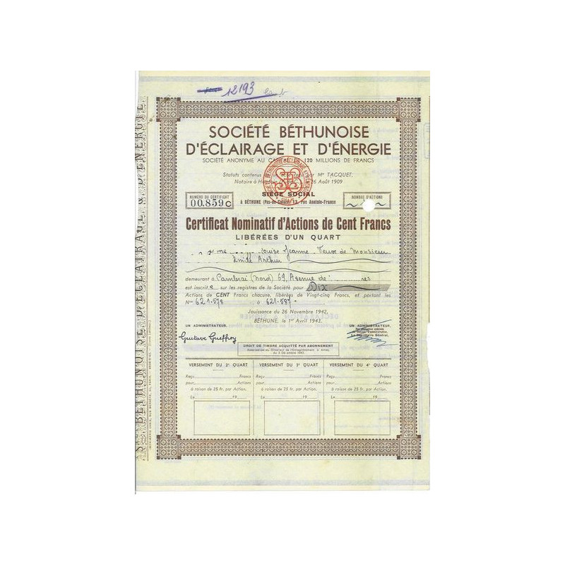 Sté Béthunoise d'Eclairage et d'Energie (Certif)