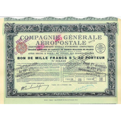 Cie Gale Aéropostale (Bon 1000 F 5 % 1929)