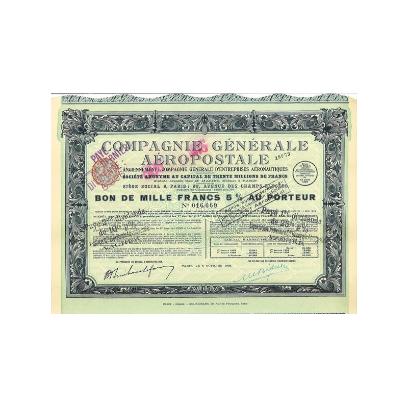 Cie Gale Aéropostale (Bon 1000 F 5 % 1929)