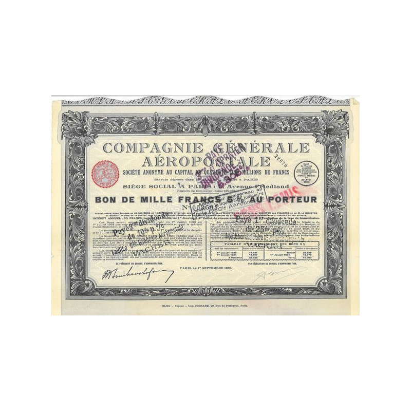 Cie Gale Aéropostale (Bon 1000 F 5 % 1930)