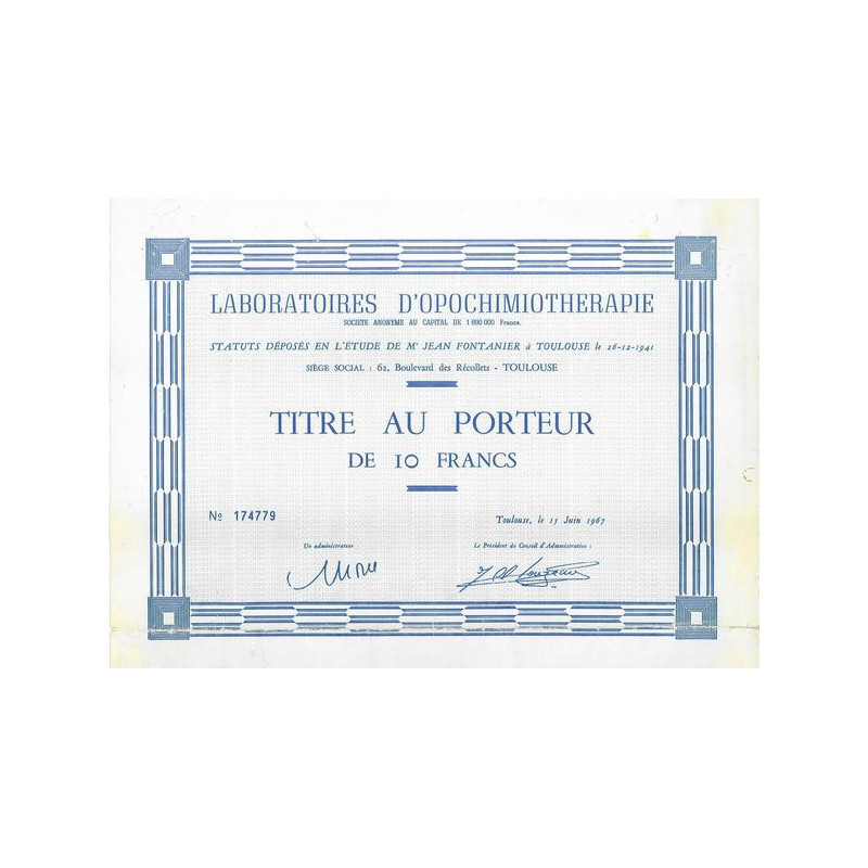 Laboratoires d'Opochimiothérapie (Titre de 10 F)