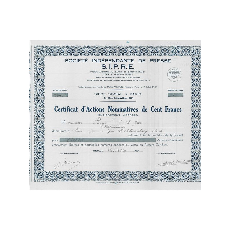Sté Indépendante de Presse S.I.P.R.E. (CN)(Modele 1)