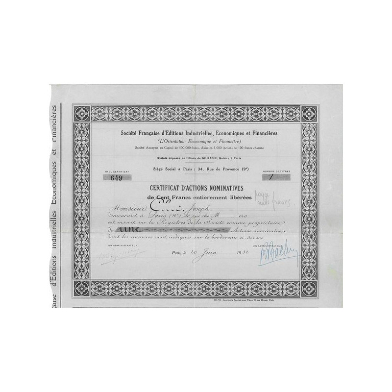 Sté Française d'Editions Industrielles Economiques & Financières (L'Orientation Economique et Financière)