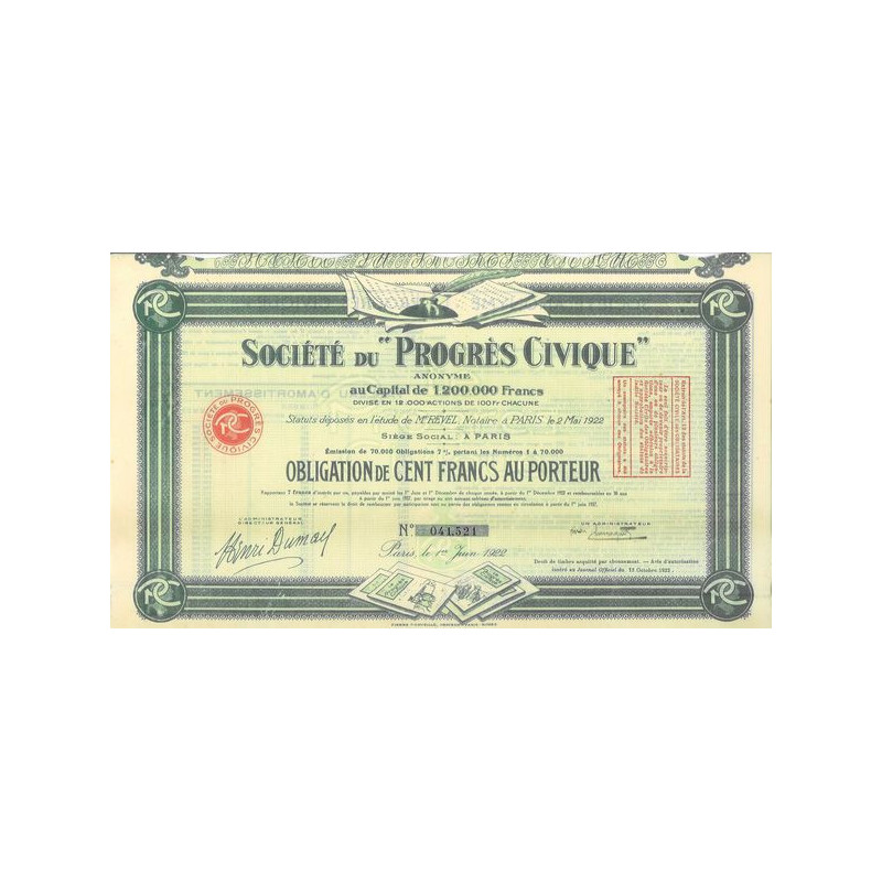 Sté du "Progrès Civique" (Obl 100 F)