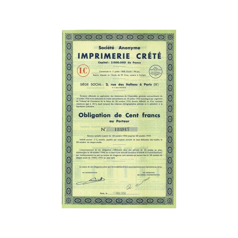 S.A. Imprimerie Crété (Obl 100 F)