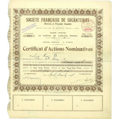 Sté Française de Sucrateries (Brevets et Procédés Deguide) (certif)