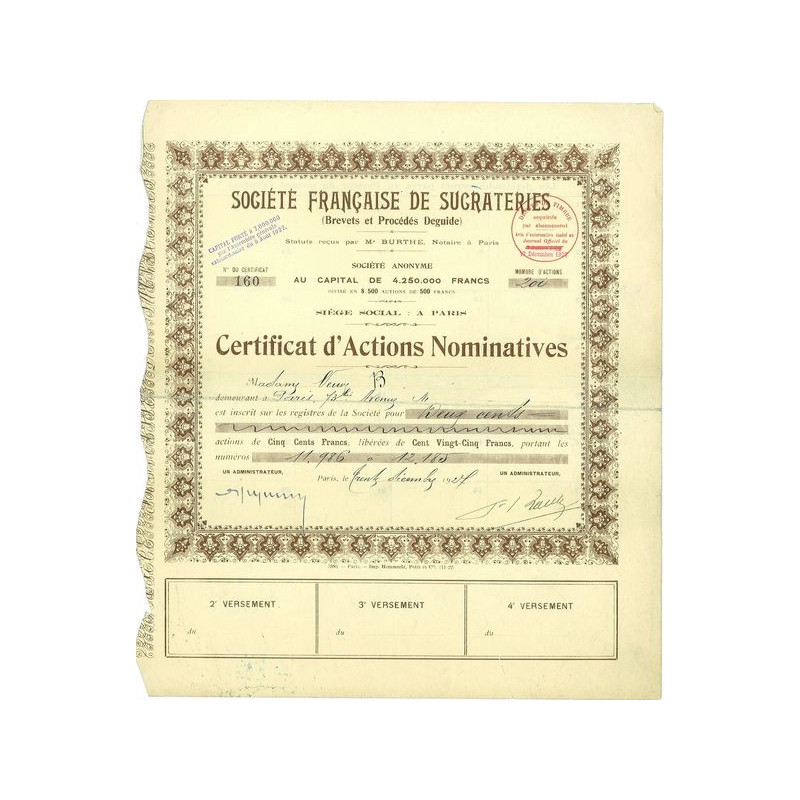 Sté Française de Sucrateries (Brevets et Procédés Deguide) (certif)