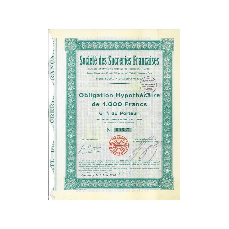 Sté des Sucreries Françaises (Obl Hypot 1000 F 6 %)