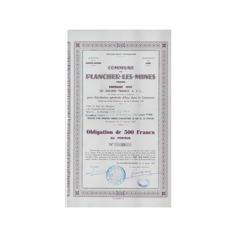 Commune de Plancher-les-Mines Emprunt 1937 pour Distribution Générale d'Eau dans la Commune